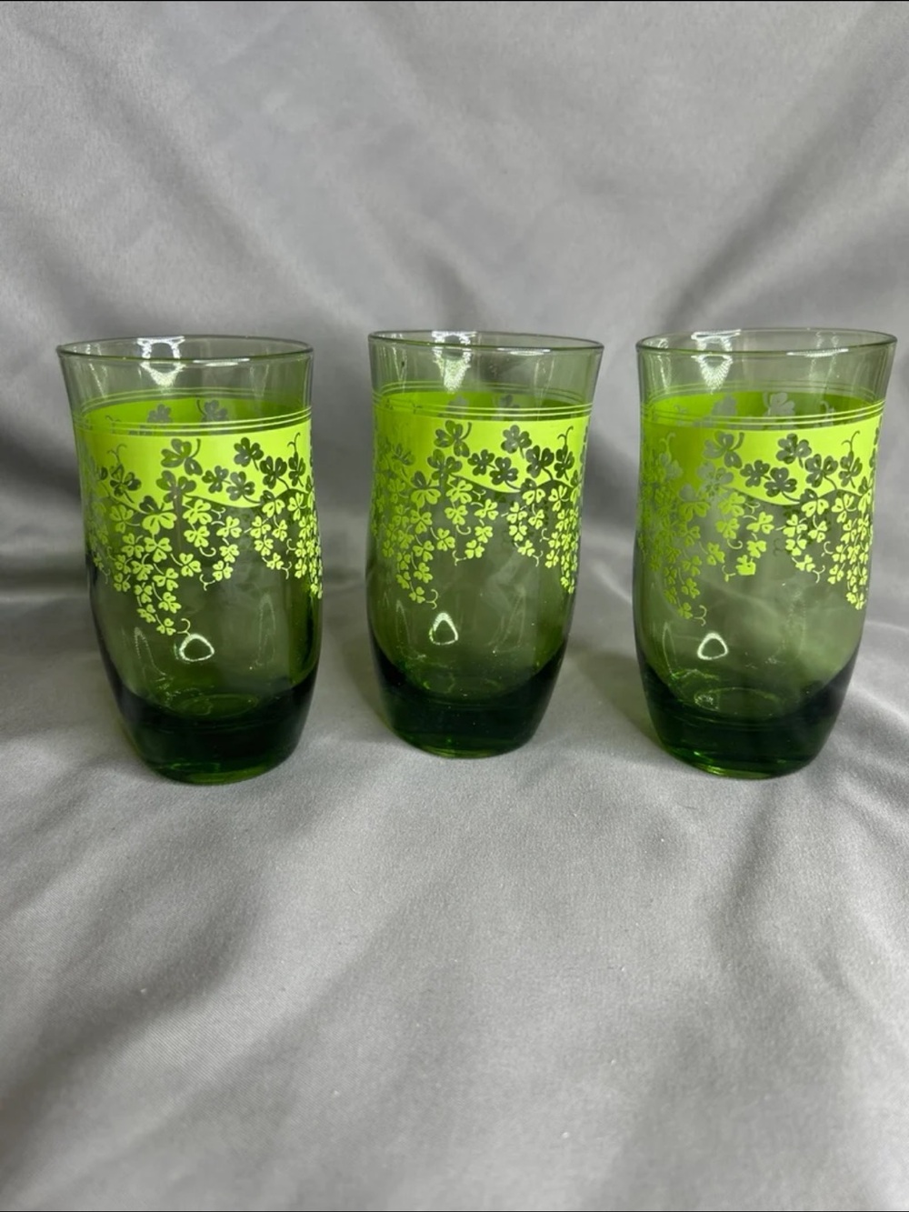 Vintage Set of 3 Mid Century Forest Green Glass with Etched Lime Green Shamrocks